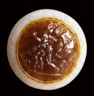 A "magical eye" agate intaglio. Two figures with attributes.