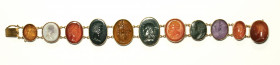 Eleven intaglios set in a fine gold bracelet. Various subjects.