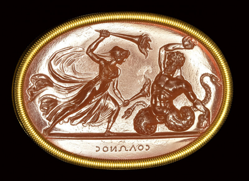 A fine neoclassical Poniatowski carnelian intaglio signed Solonos, set in a gold...