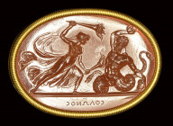 A fine neoclassical Poniatowski  carnelian intaglio signed Solonos, set in a gold frame. Diana Hecate killing a Titan.