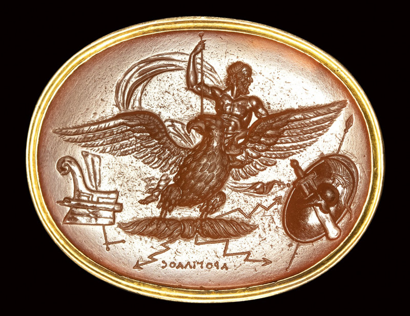 A fine neoclassical Poniatowski carnelian intaglio signed Arogillos, set in a go...