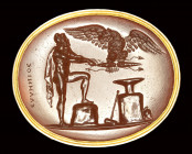 A fine neoclassical Poniatowski  carnelian intaglio signed Hellenios, set in a gold frame. Hephestus giving the thunderboalt to Zeus's eagle.