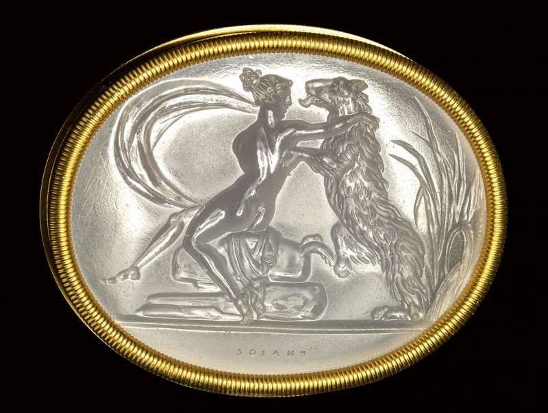 A fine neoclassical Poniatowski chalcedony intaglio signed Gnaios, set in a gold...