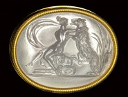A fine neoclassical Poniatowski  chalcedony intaglio signed Gnaios, set in a gold frame. Crimisus and Egesta.