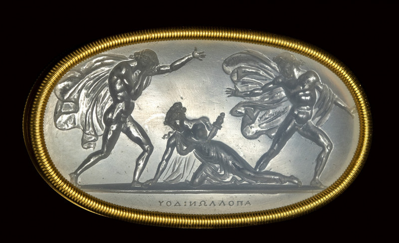 A fine neoclassical Poniatowski chalcedony intaglio signed Apollonides, set in a...