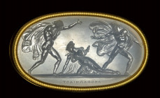 A fine neoclassical Poniatowski  chalcedony intaglio signed Apollonides, set in a gold frame. Pelopea killing herself with Thyestes and Aegisthus.