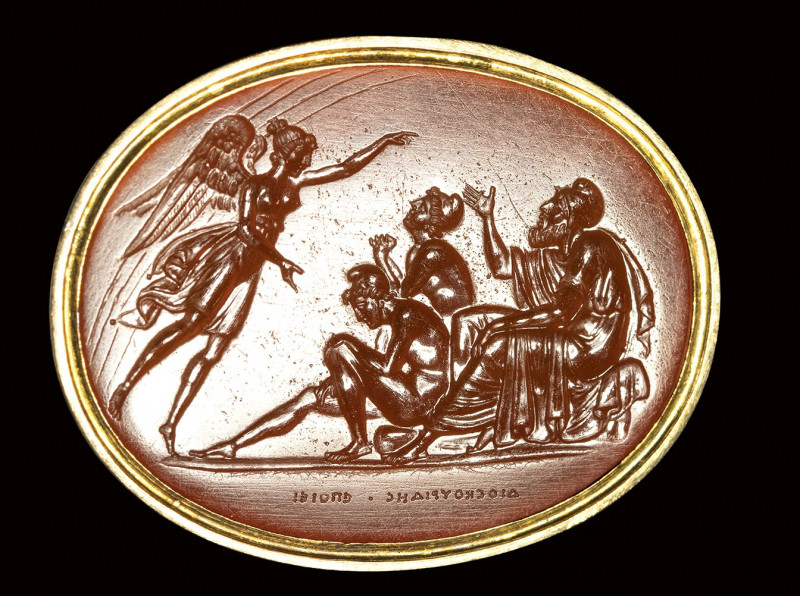 A fine neoclassical Poniatowski carnelian intaglio signed Dioskourides, set in a...