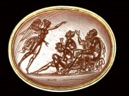 A fine neoclassical Poniatowski  carnelian intaglio signed Dioskourides, set in a gold frame. Iris sent by Zeus commanding Priam.