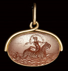 A fine neoclassical Poniatowski  carnelian intaglio signed Gnaios, set in a gold pendant. Theophane and Neptune.