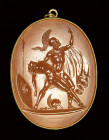 A fine neoclassical Poniatowski  carnelian intaglio signed Dioskourides, set in a gold pendant. Mezentius vowing to avange the death of Lausus, sustai...
