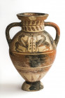 ETRUSCO-CORINTHIAN AMPHORA
Near the Bearded Sphinx Painter, ca. 600 BC
height cm 35

With two sphinxes facing each other between a plant. 
Restored.

...