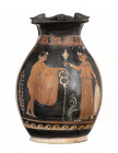 APULIAN RED-FIGURE OINOCHOE
Attributable to the Iliupersis Painter, ca. 370 - 350 BC
height cm 19

Hermes, wearing petasos and leaning on caduceus, fr...