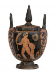 APULIAN RED-FIGURE LEBES GAMIKOS
Mid 4th century BC
height cm 19, with lid

On one side, a standing naked young man, with a wreath on his head and the...