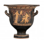 LUCANIAN RED-FIGURE BELL-KRATER
Near the Roccanova Painter, second half of 4th century BC
height cm 41; diam. cm 33,5

On the main side is a Maenad ho...