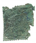 ETRUSCAN BRONZE PLAQUE
ca. 500 - 480 BC
cm 17 x 16

Part of a furniture, vehicle or door fitting. Showing Turms - Hermes, winged, draped and wearing w...