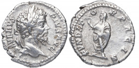 201 d.C. Septimio Severo. Roma. Denario. DS 4124 i.2. Ag. 3,10 g. FVNDATOR PACIS. Emperador togado con rama a izquierda. MBC+. Est.60.