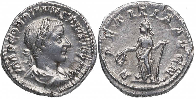 240/2 d.C. Gordiano III. Roma. Denario. RSC 120 – RIC 113. Ag. 3,00 g. LAETITIA ...