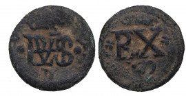 1658-1659. Felipe IV (1621-1665). Coruña. 2 maravedís, sexto resello (de anagrama). Ve. 2,72 g. RARÍSIMA. MBC. Est.180.