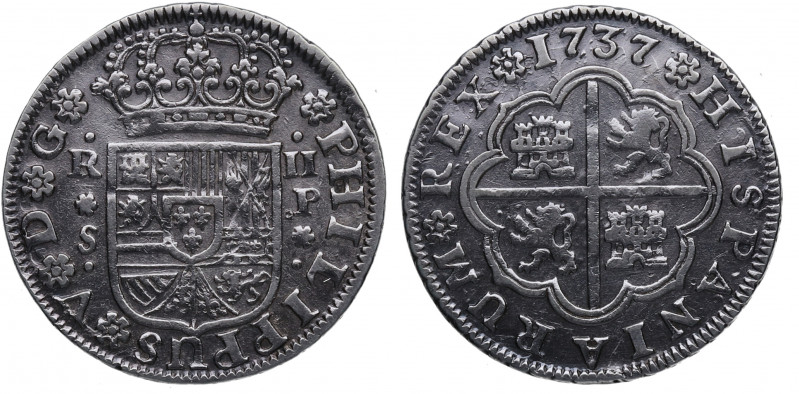 1737. Felipe V (1700-1746). Sevilla. 2 Reales. P. A&C 997. Ag. 5,78 g. Limpieza....