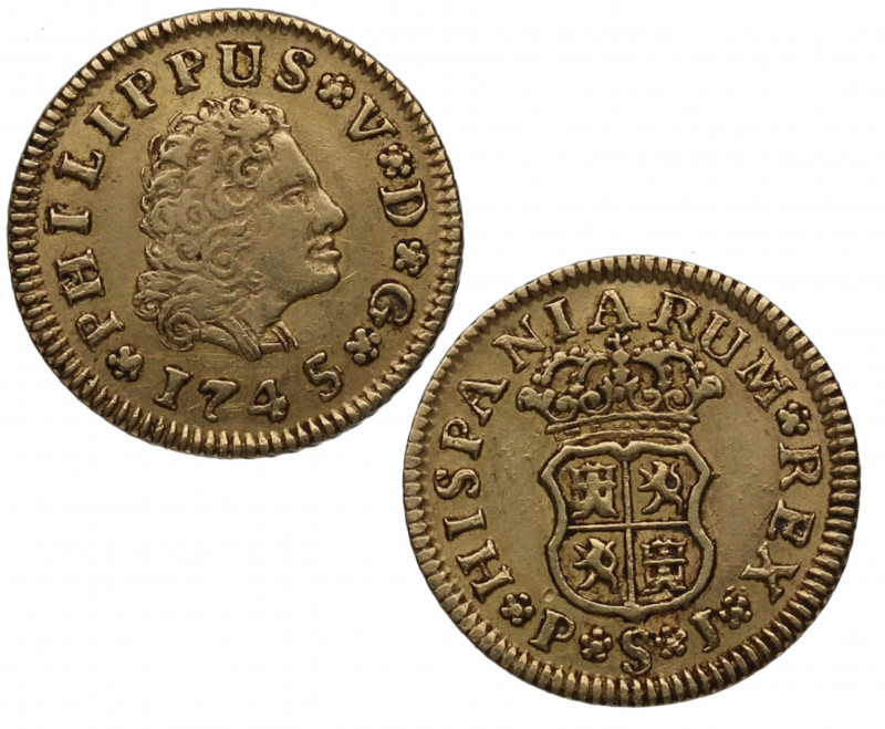1745. Felipe V (1700-1746). Sevilla. 1/2 escudo. PJ. A&C 1651. Au. 1,80 g. Atrac...
