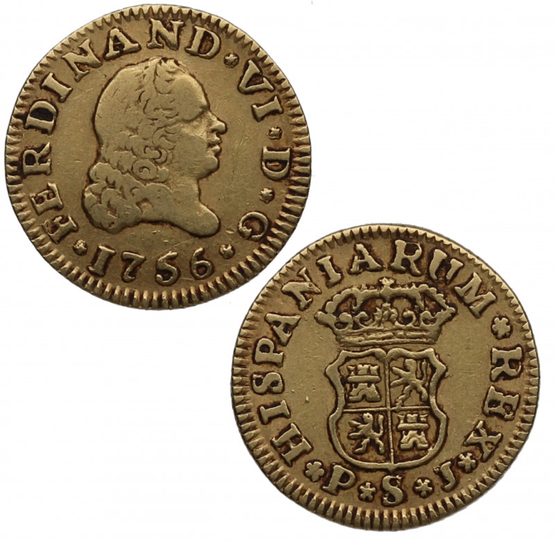 1756. Fernando VI (1746-1759). Sevilla. 1/2 escudo. PJ. A&C580. Au. 1,76 g. Atra...