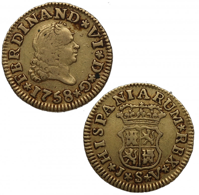 1758. Fernando VI (1746-1759). Sevilla. 1/2 escudo. JV. A&C 586. Au. 1,76 g. Atr...