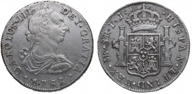 1788. Carlos III (1759-1788). Lima. 8 Reales. IJ. A&C . Ag. 26,80 g. Oxidaciones limpiadas. MBC. Est.60.