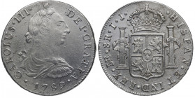 1789. Carlos III (1759-1788). Lima. 8 Reales. IJ. A&C . Ag. 27,32 g. Oxidaciones limpiadas. MBC. Est.60.