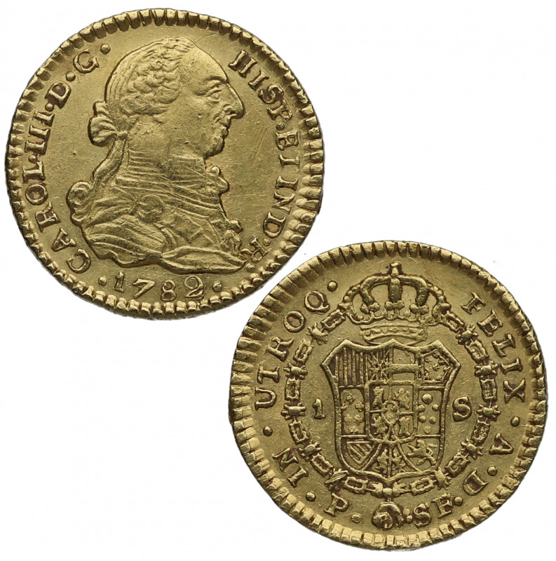 1782. Carlos III (1759-1788). Popayán. 1 Escudo. SF. A&C 1427. Au. 3,37 g. MBC+....