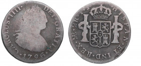 1796. Carlos IV (1788-1808). Lima. 2 Reales. IJ. A&C 579. Ag. 6,22 g. BC+ / MBC-. Est.40.