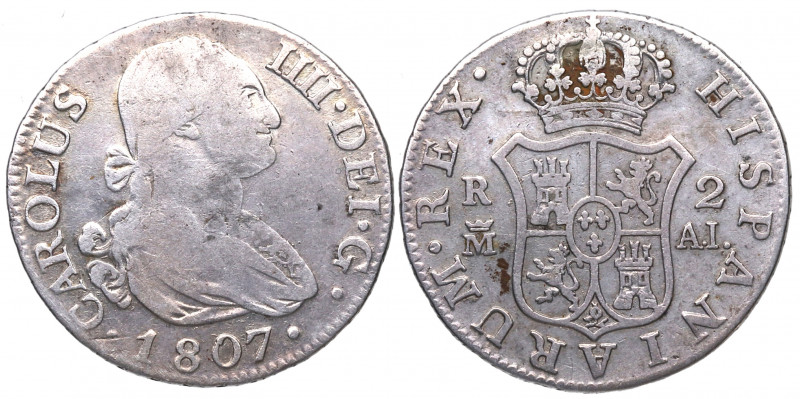 1807. Carlos IV (1788-1808). Madrid. 2 Reales. AI. A&C 617. Ag. 5,91 g. MBC-. Es...