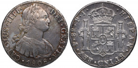 1808. Carlos IV (1788-1808). Potosí. 8 Reales. PJ. A&C . Ag. 26,93 g. Oxidaciones limpiadas. MBC. Est.50.