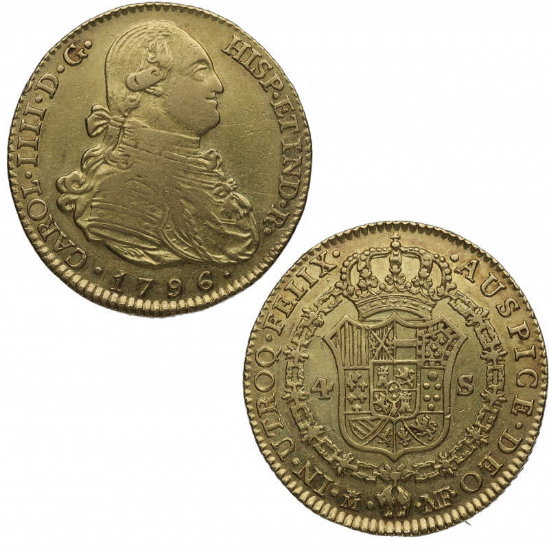 1796. Carlos IV (1788-1808). Madrid. 4 Escudos. MF. A&C 1479. Au. 13,45 g. Marqu...