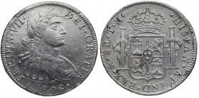 1808. Fernando VII (1808-1833). México. 8 Reales. TH. A&C . Ag. 26,10 g. Escasa. Oxidaciones limpiadas. MBC. Est.50.