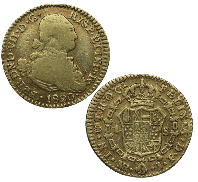 1820. Fernando VII (1808-1833). Nuevo Reino. 1 Escudo. JF. A&C 1559. Au. 3,21 g....