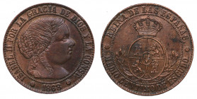 1868. Isabel II (1833-1868). Barcelona. 1/2 Céntimo de escudo. CM. A&C 201. Ae. 1,23 g. EBC+. Est.30.