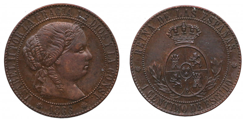 1866. Isabel II (1833-1868). Barcelona. 1 Céntimo de escudo. A&C 213. Ae. 2,57 g...