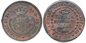 1853. Isabel II (1833-1868). Segovia. 1/2 decima de Real. A&C 140. Cu. 2,10 g. Ajuste de cuño en reverso. EBC. Est.60.
