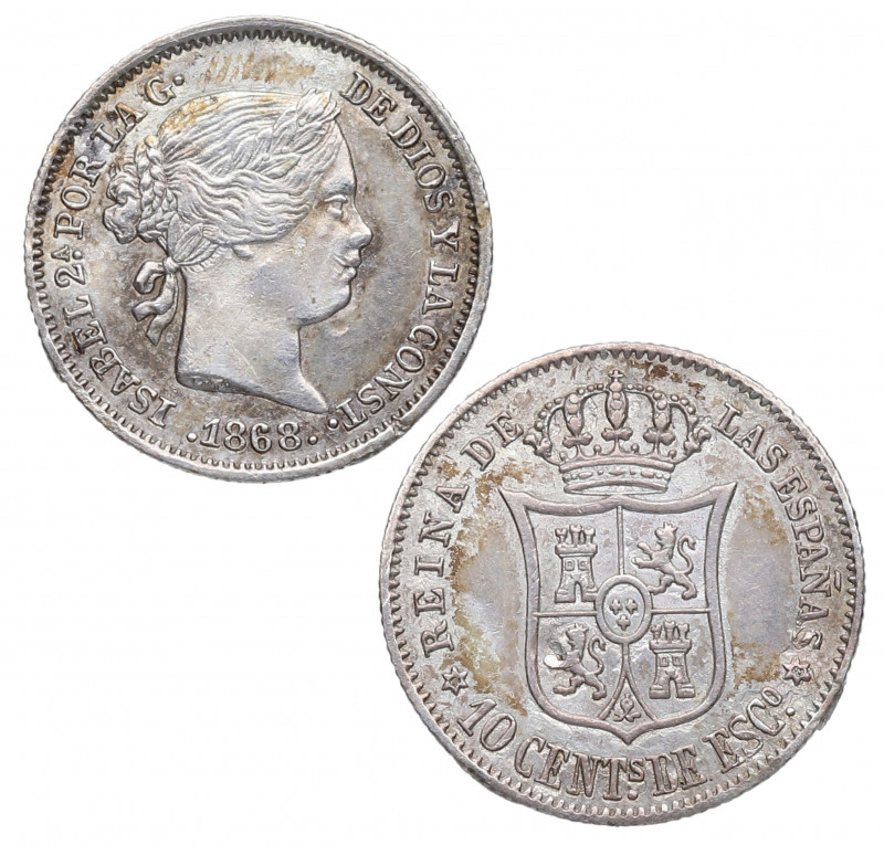 1868*68. Isabel II (1833-1868). Madrid. 10 Céntimos de Escudo. A&C 341. Ag. 1,30...