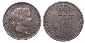 1866. Isabel II (1833-1868). Madrid. 40 céntimos de escudo. A&C 501. Ag. 5,18 g. Atractiva. EBC- / MBC+. Est.65.