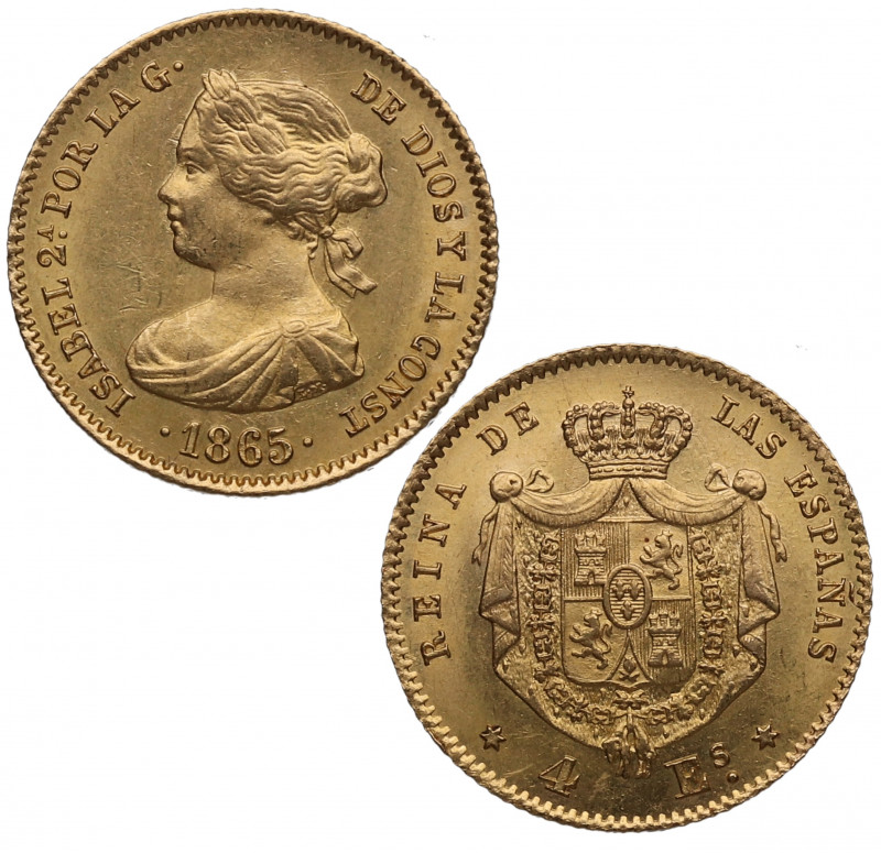 1865. Isabel II (1833-1868). Madrid. 4 Escudos. A&C 688. Au. 3,38 g. EBC+. Est.3...