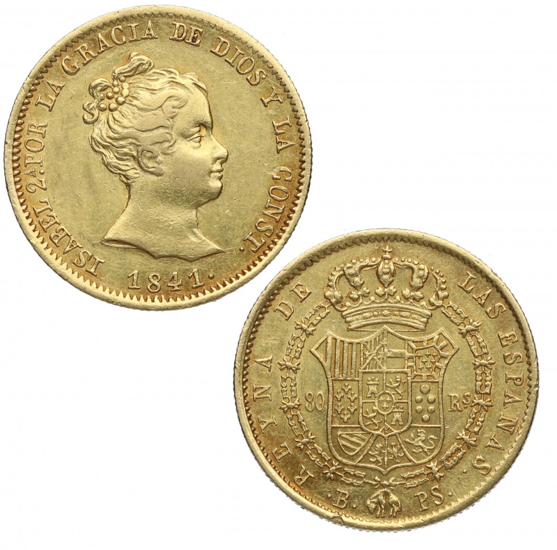 1841. Isabel II (1833-1868). Barcelona. 80 Reales. PS. A&C 707. Au. 6,73 g. Bell...