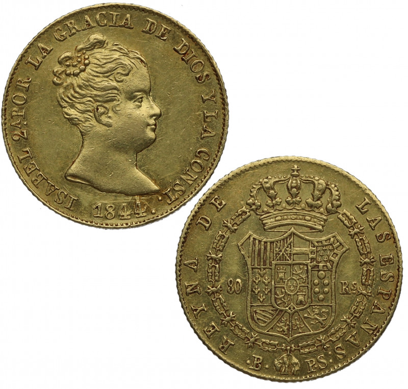 1844. Isabel II (1833-1868). Barcelona. 80 Reales. PS. A&C 711. Au. 6,78 g. EBC+...
