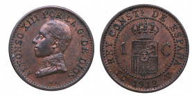 1912*2. Alfonso XIII (1886-1931). Madrid. 1 Céntimo . PCV. A&C 4. Ae. 1,00 g. EBC+. Est.15.