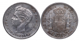 1900*00. Alfonso XIII (1886-1931). Madrid. 50 céntimos. SMV. A&C 45. Ag. 2,50 g. Atractiva. Marquitas. EBC / EBC-. Est.30.