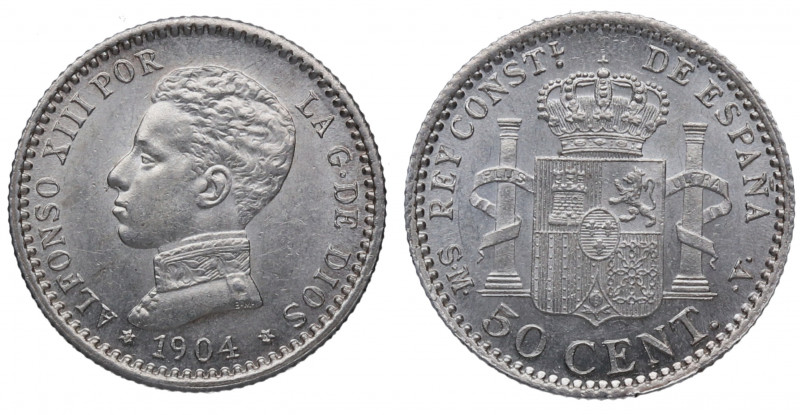 1904*04. Alfonso XIII (1886-1931). Madrid. 50 Céntimos . SMV. A&C 46. 2,50 g. Be...