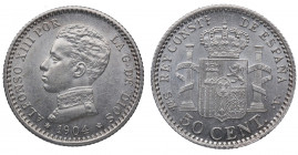 1904*04. Alfonso XIII (1886-1931). Madrid. 50 Céntimos . SMV. A&C 46. 2,50 g. Bella. Brillo original. SC-. Est.20.