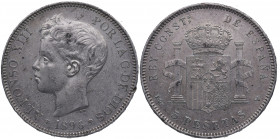 1896*96. Alfonso XIII (1886-1931). 5 Pesetas. PGV. A&C 106. Ag. 25,16 g. MBC. Est.50.