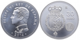2014. Felipe VI. 30 Euros. Ag. SC. Est.45.
