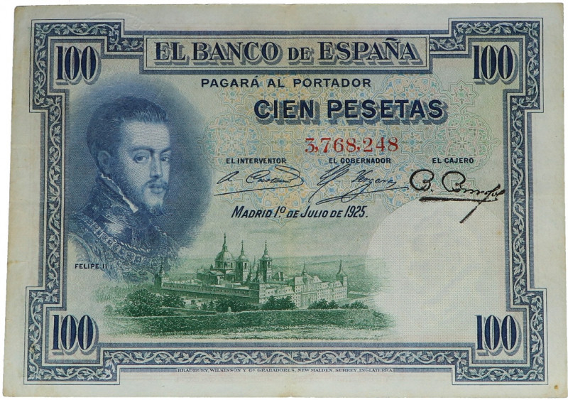 1925. Alfonso XIII (1886-1931). 100 Pesetas. Pick 69c. Sin serie y sello seco Go...